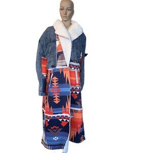 Boho Western Patchwork Maxi Coat Sherpa Denim Jacket Aztec Tribal Print Long XL